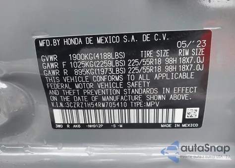 2024 Honda Hr-V 2Wd Sport/2Wd Sport W/O Bsi из США, поврежденный, VIN 3CZRZ1H54RM705410